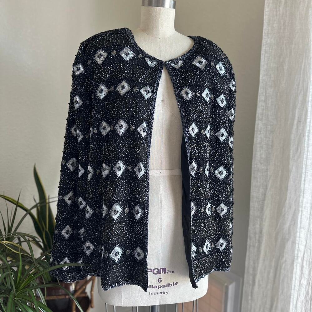 Papell Boutique Evening Women’s 3X Jacket Black Silver Silk Beaded Vintage Glam